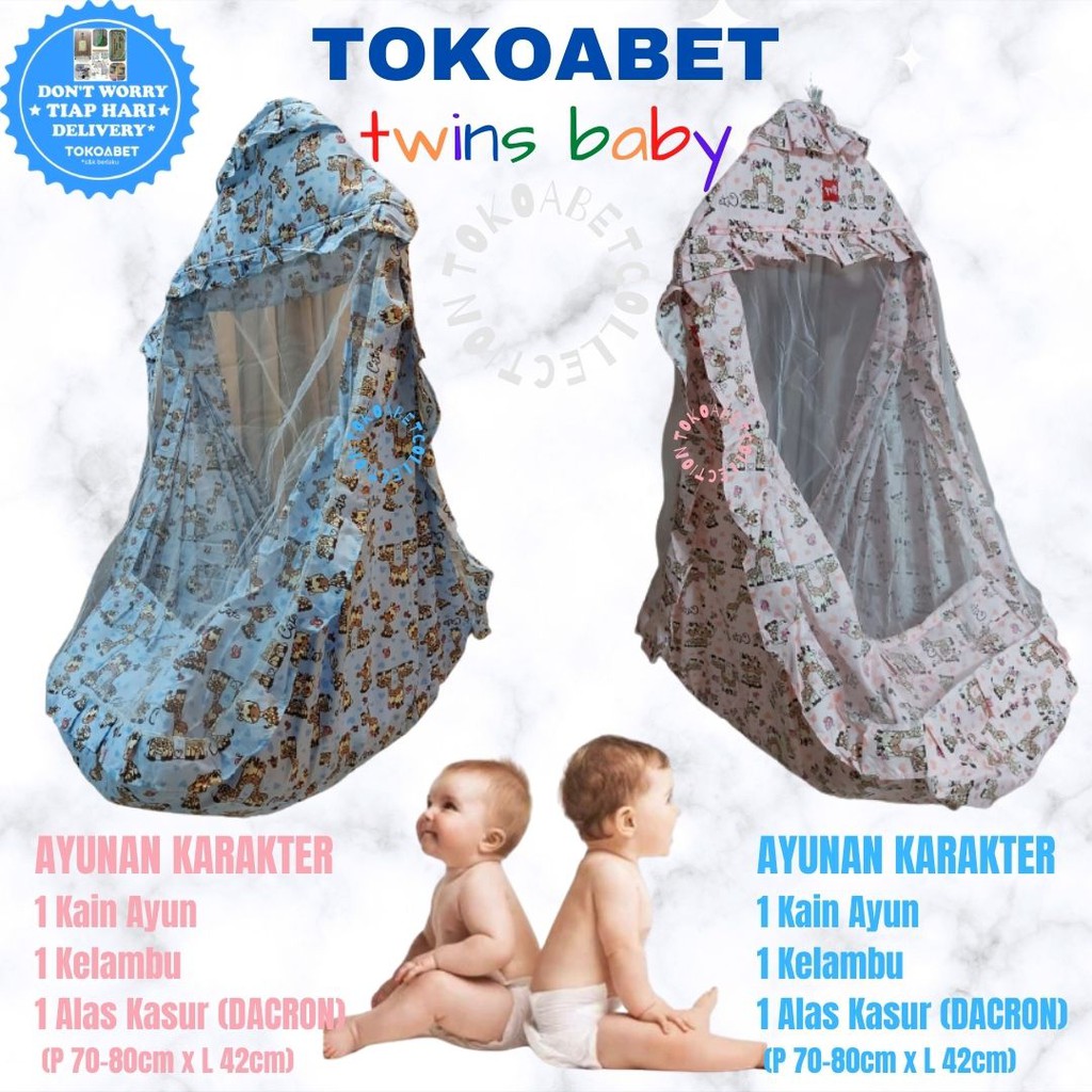 PAKET TWINS Ayunan karakter perlengkapan bayi dengan ayunan kain kasur kelambu (NO PER &amp; NO HANGER)