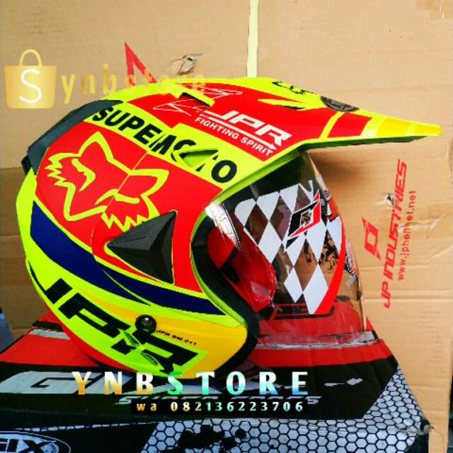 Helm JPR semi cross trail semicross fox supercross yellow red fluo doff double visor