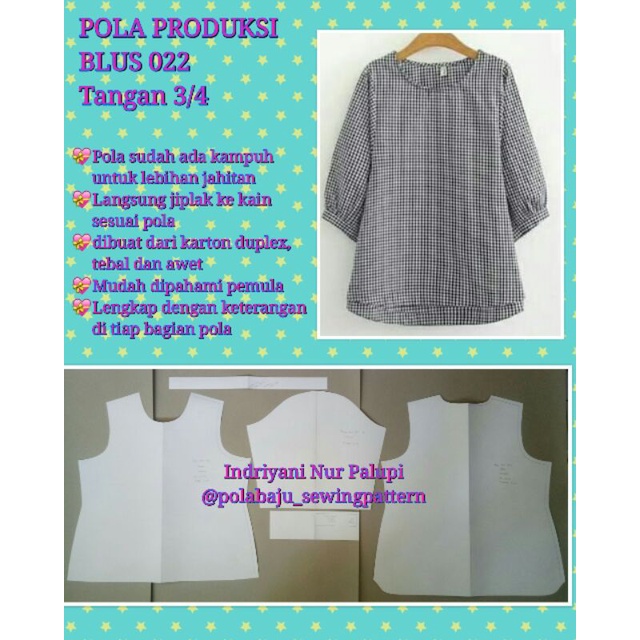 [ Bisa COD ] Pola Produksi Blus leher bulat Big size tangan 3/4  - Pola baju - sewing pattern