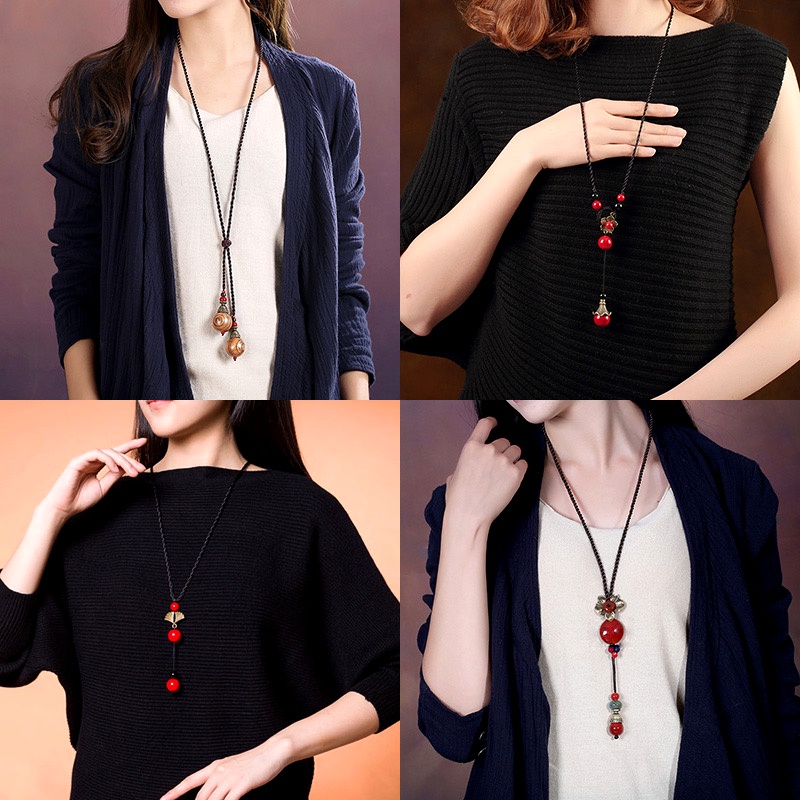 Fashion Long Ethnic Style Ceramic Pendant Necklace Jewelry DIY Rope Necklace Length Adjustable