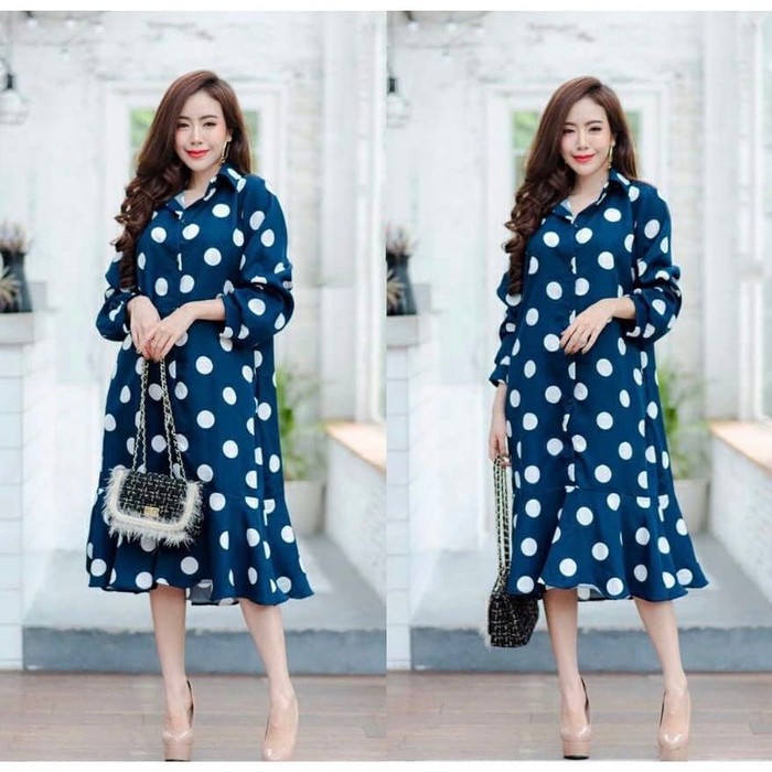 Import Dress Wanita/ Gaun Pesta/Premium Jumbo Polka Clarisa Navy [Dress 0117] TED 8YCE