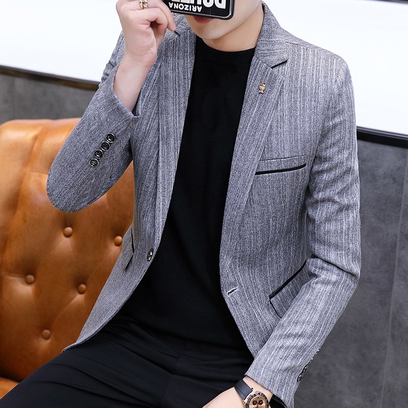 Blazer Pria Slim Casual Warna Hitam Abu-abu Gaya Korea  