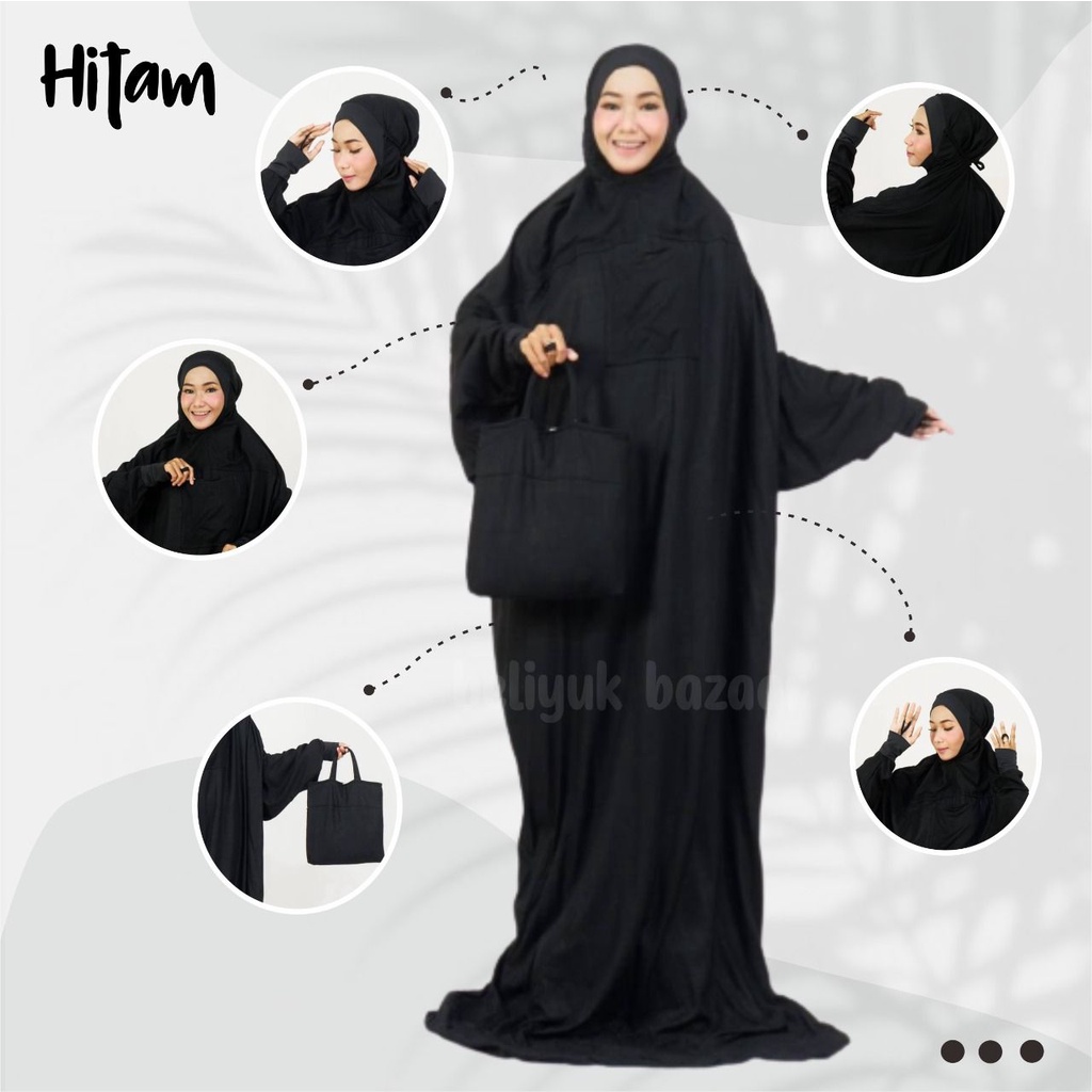 Mukena Mukenah Terusan Malaysia Manset Rayon Jumbo Dewasa Travel Adem Dingin Halus Lembut Hitam