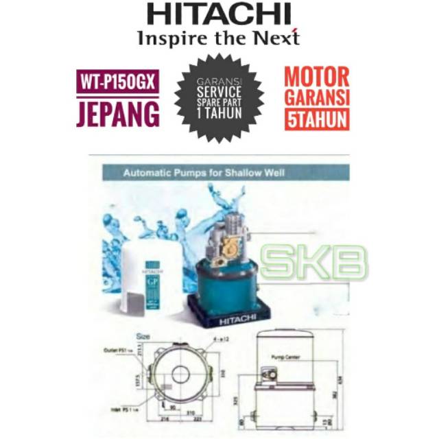 Pompa Air Hitachi WT-P150GX - Pompa Sumur Dangkal Jepang