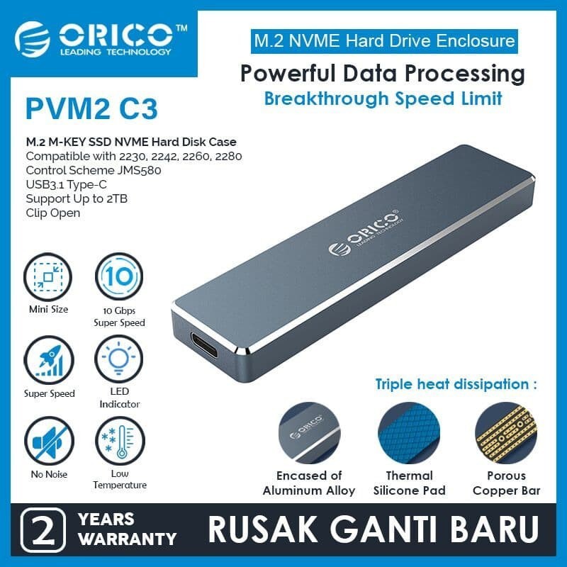 ORICO M.2 NVME SSD Enclosure USB 3.1Gen2 Type-C Mini Clip-open PVM2-C3 original