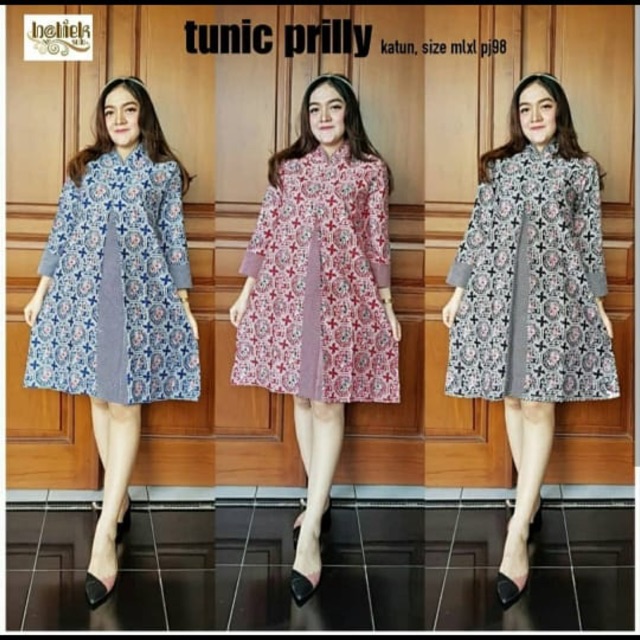Tunik Prilli Pias Slit Batik Cantik Biru Merah Hitam Baju Wanita Modern