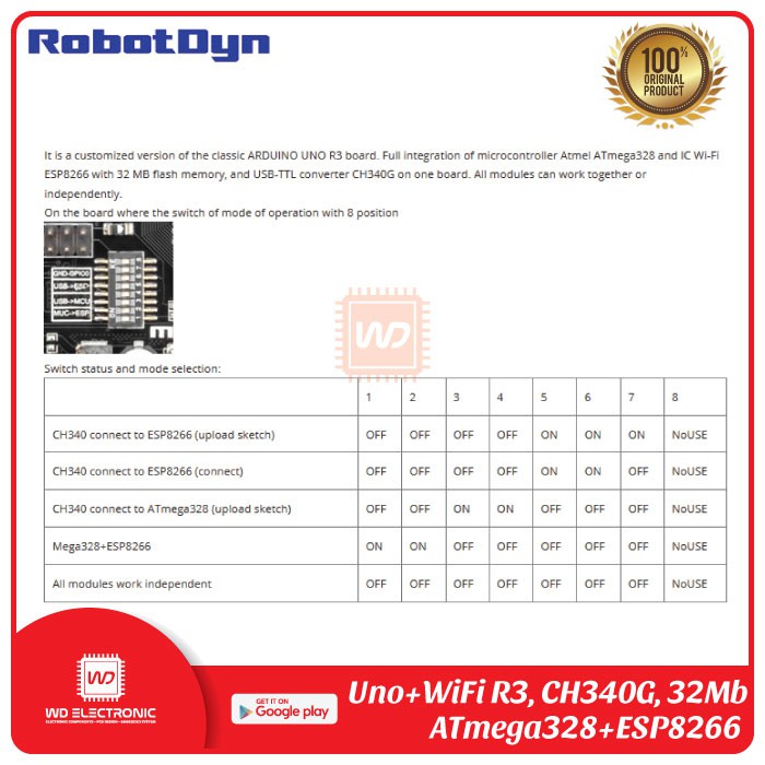 ROBOTDYN UNO WIFI R3 ESP8266 32MB FLASH ARDUINO UNO WIFI