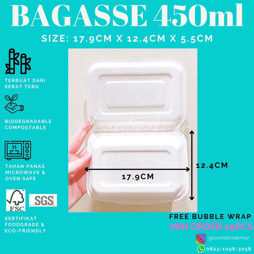 Bagasse Kotak 450ml Lunchbox Takeaway Sugarcane Serat Tebu ECO FRIENDLY