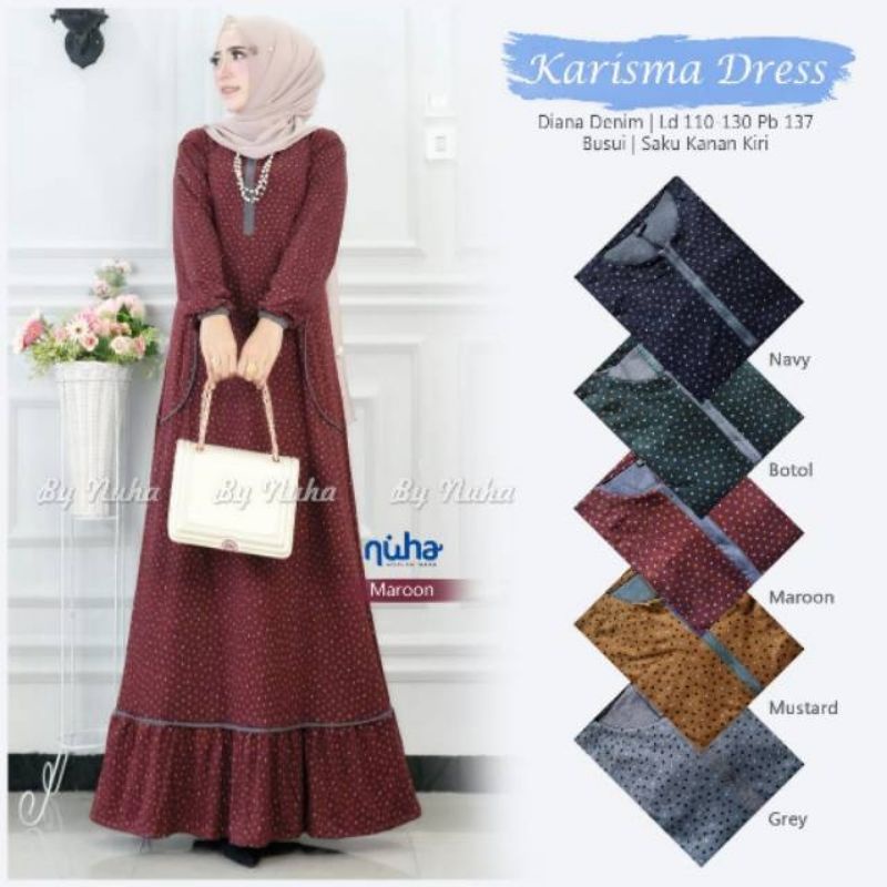 Karisma Dresss Diana Denim Motif Polka Gamis Kaos Diana Denim