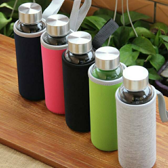 Botol Minum Kaca Glass Tumbler 550ml ml + Sarung Sleeves Thermos Termos Anti Tumpah Multi Color