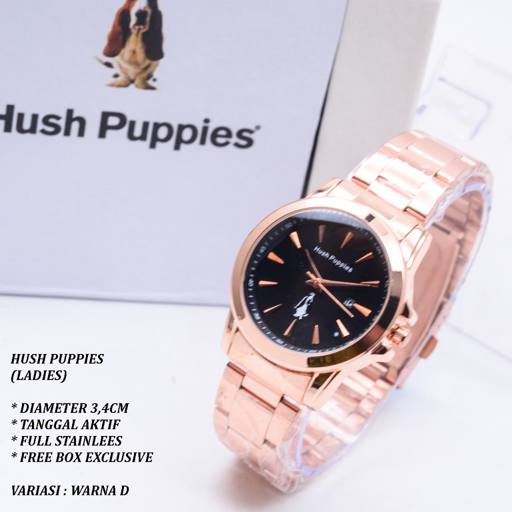 (FREE BOX) JAM TANGAN WANITA HUSH PUPPIES RANTIA BODY BULAT TANGGAL AKTIF