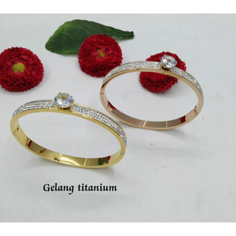 Fourfashion Gelang Titanium Bangle Dewasa Motif Tengah Permata full Kekinian S114