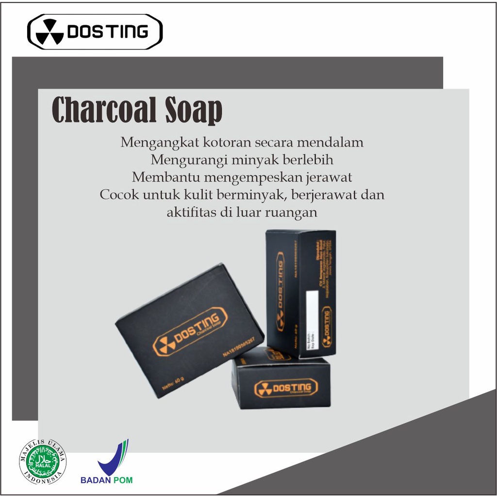 Dosting Charcoal Soap Whitening /Sabun Mandi Pemutih Warna Hitam 8990370320216 60gr Asli Original Termurah Terbaru