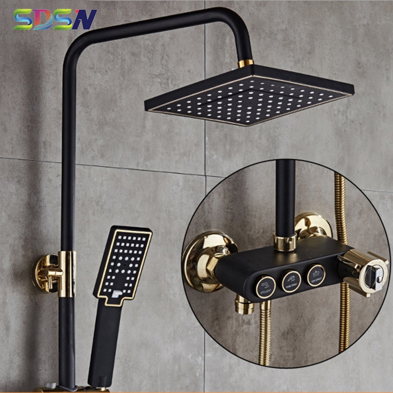 Thermostatic Shower Set Black Gold Bathroom Shower Faucet Rainfall Top Shower Head White Gold Bathro
