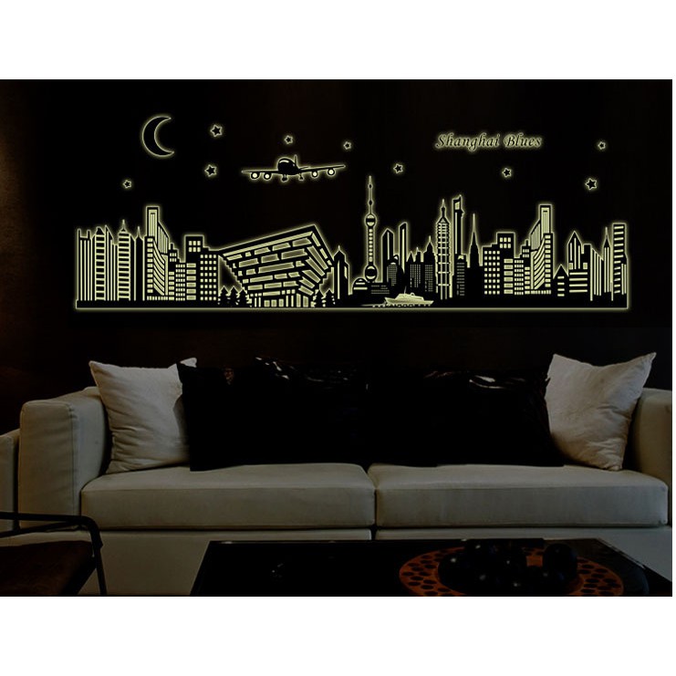 RELIZA WALL STICKER SANGHAI GLOW IN THE DARK SILUET HITAM KOTA CITY ABQ9636 STIKER DINDING