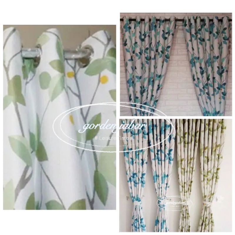 Gorden blackout motip bunga merambat amora hijau& biru,grosir gorden jendela&pintu ukuran 100x200cm
