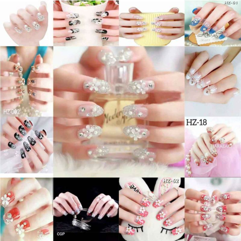 Wedding party fake nail Clear Rhinestone Flower kuku palsu 3D + LEM