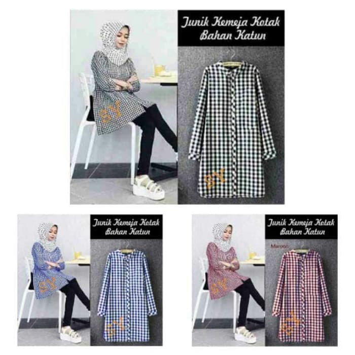 Tunik Kotak   Tunik Kemeja-Wanita-Casual-Lengan-Panjang-Model-Longgar-Bahan-Sifon-Motif-Kotak- X7S4