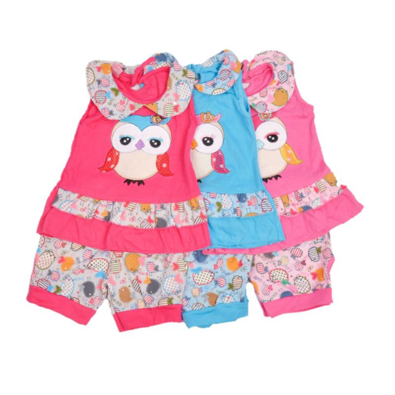 SETELAN BAJU ANAK PEREMPUAN MOTIF OWL 1-2 TAHUN WARNA PINK FANTA BIRU