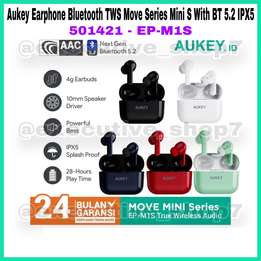 Aukey Earphone Bluetooth TWS Move Series Mini S With BT 5.2 IPX5 - SKU : 501421 / 501422 / 501423 / 501424 - EP-MIS - Garansi Resmi 2 Tahun