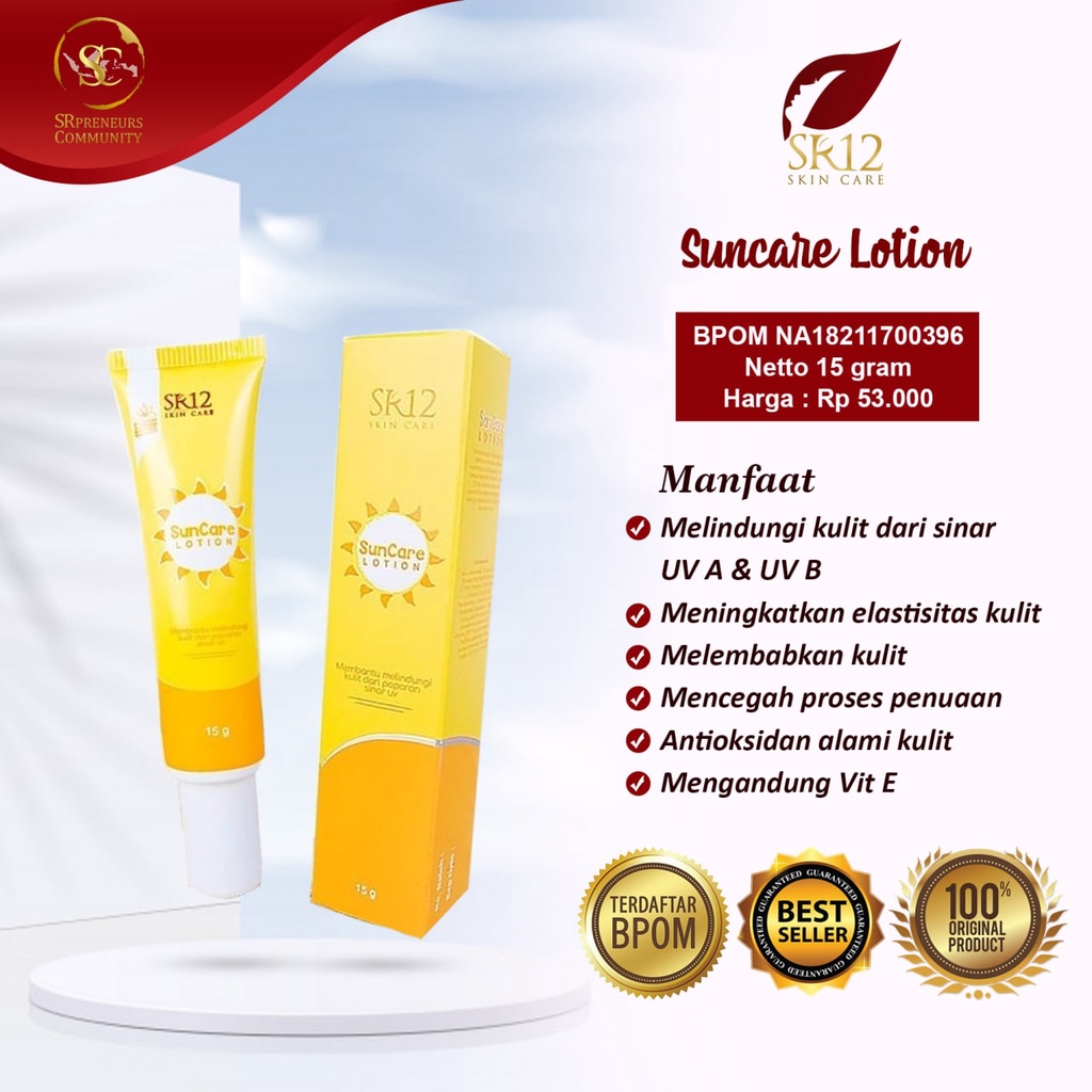 SUNCREAM LOTION / TABIR SURYA / SR12 SUNCARE BPOM / SUNBLOCK SPF 25++ / MENJAGA KULIT TETAP SEHAT & LEMBAB / SUNBLOCK WAJAH BPOM