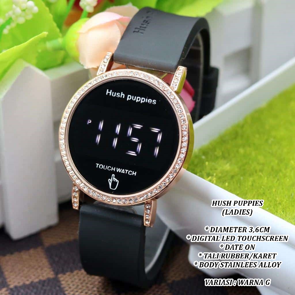 (BISA COD) JAM TANGAN WANITA HUSH PUPPIES TALI RUBBER BODY BULAT LED TANGGAL AKTIF