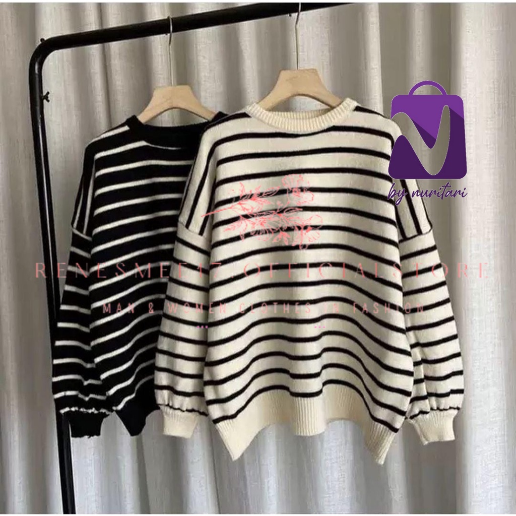 RENESMEE17.OFFICIALSTORE_ BAYONETA STRIP KNIT WANITA TERBARU ATASAN RAJUT TANGAN BALON