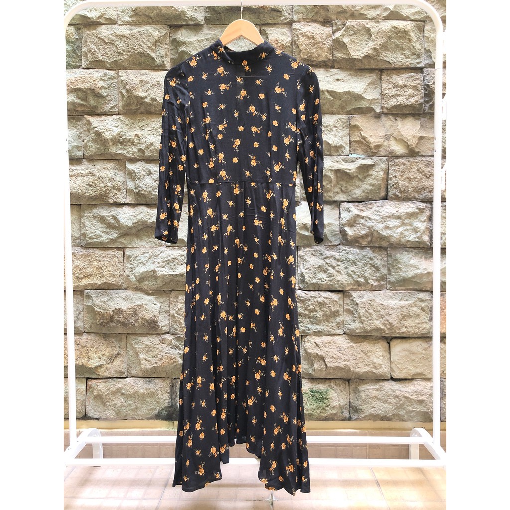 Zara Long Sleeve Floral Long Maxi Dress | Black | Chiffon | Gaun Bunga Potongan Panjang