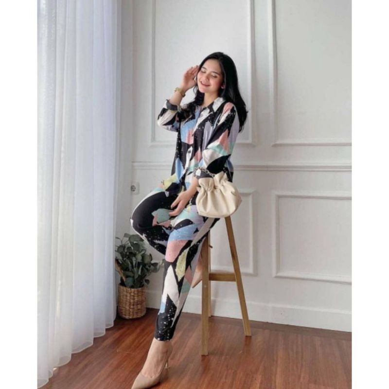 SETELAN PIYAMA WANITA PREMIUM HIGH QUALITY // LD 100 - 110 ONE SET RAYON MOTIF BARU // SET RAYON-Rainbow set