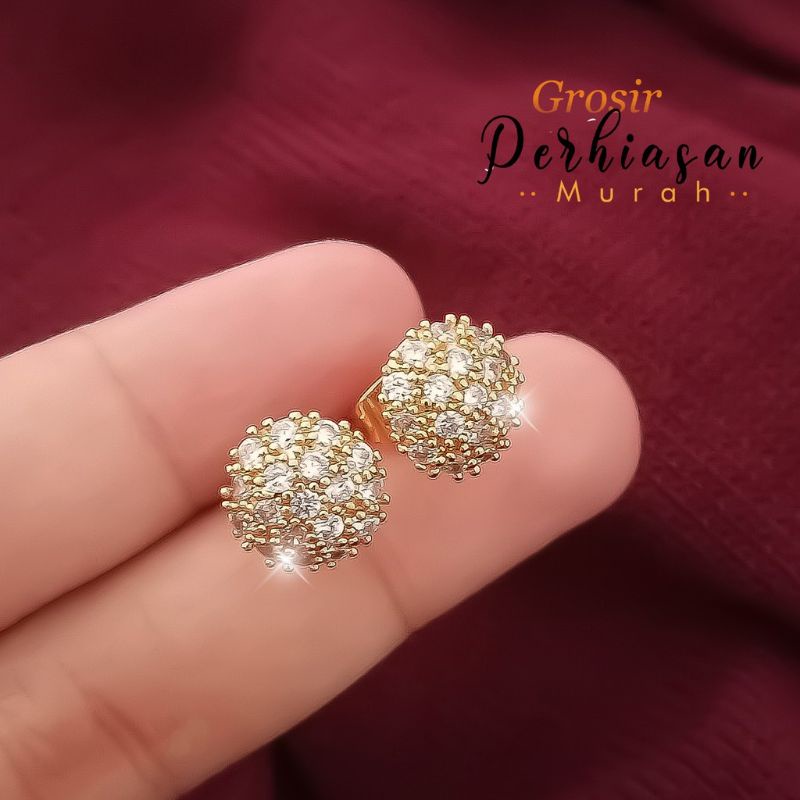 Xuping Gold Anting Wanita Dewasa 24K Model Tusuk Motif Permata Bulat Lingkaran Bola 12