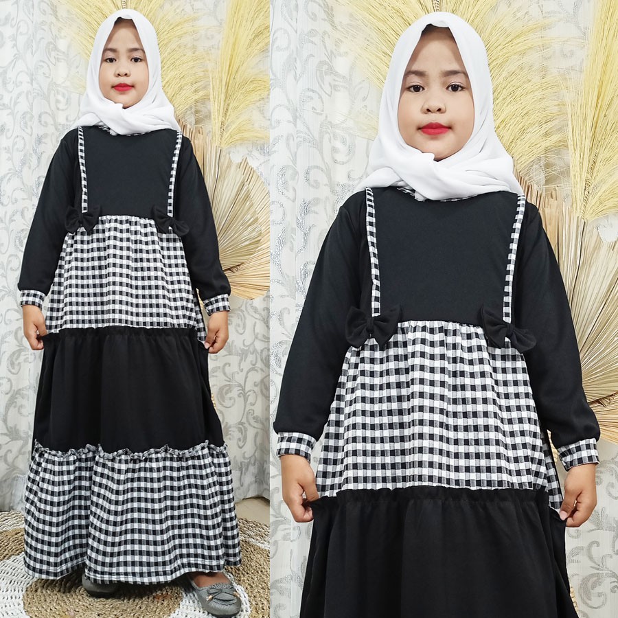 GAMIS AISYAH TINGKAT KOMBINASI KOTAK DRESS CANTIK ANAK 4-12tahun CARLINA