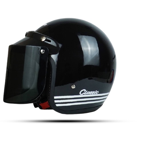 Helm Bogo Retro Classic Garis Tiga Kaca Datar Cembung Hitam bening Untuk Pria Dan Wanita Dewasa SNI bisa Cod Free Packing DUS