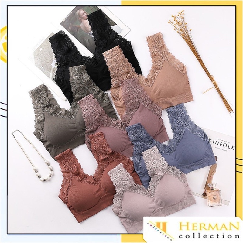 Import Bra Vneck Aksen Renda Bunga Bra Suport Wanita Busa Tanpa Kawat