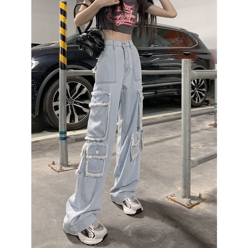 Hip-Hop High Street Raw Edge Jeans Wanita Musim Gugur Manis dan Keren Hot Girl Celana Sembilan Titik Pinggang Tinggi Tipis Longgar Lebar Kaki Overall