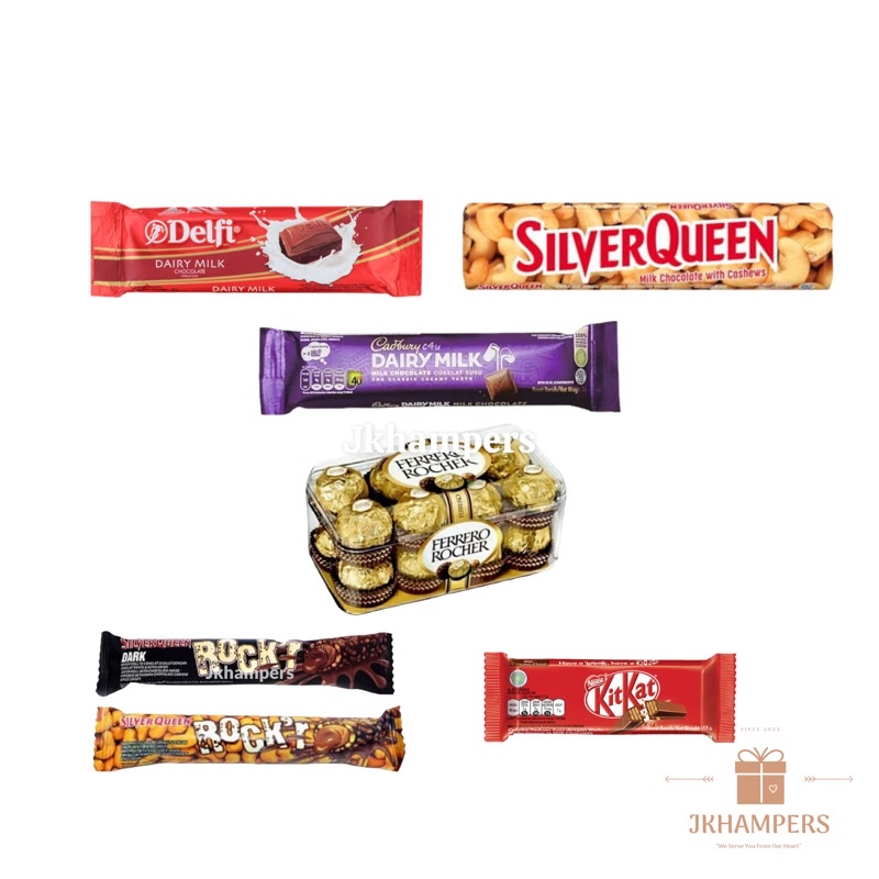 

tambahan cokelat ferrero rocher, silverqueen, kitkat, rock’r, beng beng mini (harga per 1pc)