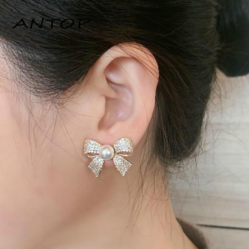 Anting Tusuk Model Pita Aksen Mutiara Untuk Wanita