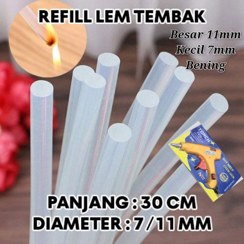 Isi Lem Tembak Besar Untuk mesin 40 watt / Refill Glue Gun / Lem Bakar Kecil Ukuran Tebal 11 mm Panjang 27,5 - 30 cm Bening Untuk Kerajinan Florist