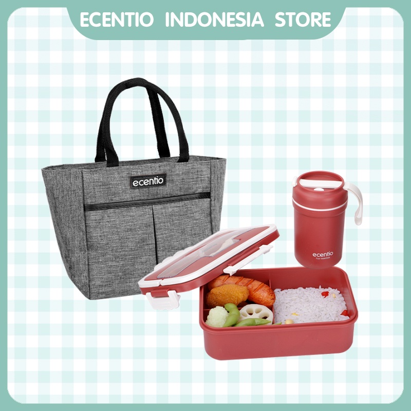 ecentio tempat makan tas bekal set dengan free Sendok 1000ml+330ml Anti Tumpah lunch box kotak bekal makan cangkir sup BPA Free