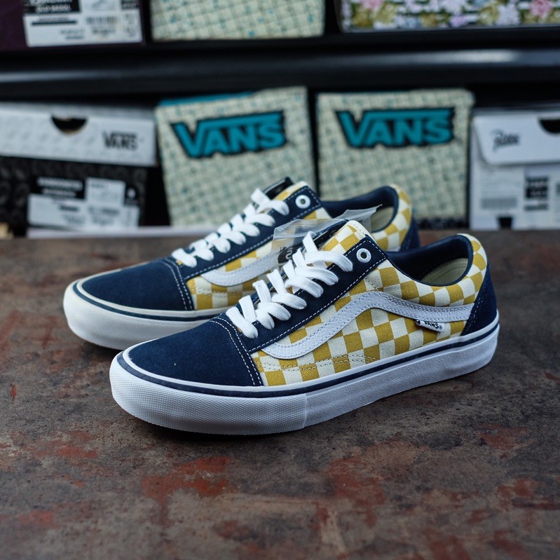 vans old skool pro checkerboard dress blue