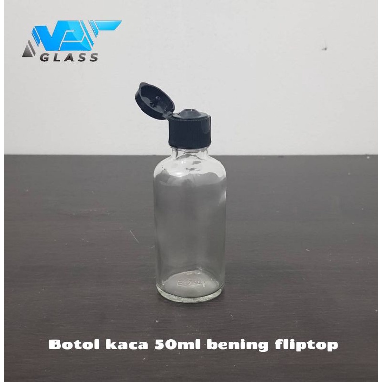 botol kaca 50ml bening tutup fliptop hitam / botol fliptop 50ml kaca