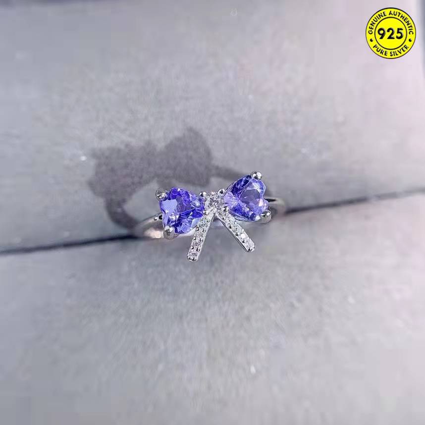 Cincin Model Terbuka Desain Pita Hias Batu Permata Tanzanite Alami Untuk Wanita