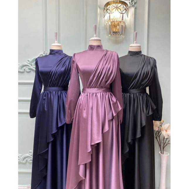 gaun saten turki polos cantik kondangan wisuda bonus jilbab made by request