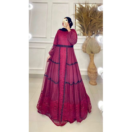 Terbaru*Humaira Dress Brokat~Gamis brokat mix tile dot~Gamis brokat pesta tangan balon~Gamis kekinia