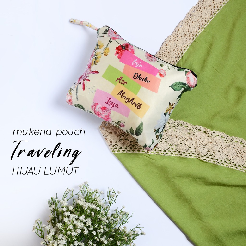 Mukena Katun Rayon Renda Pouch Traveling Hijau Lumut Murah