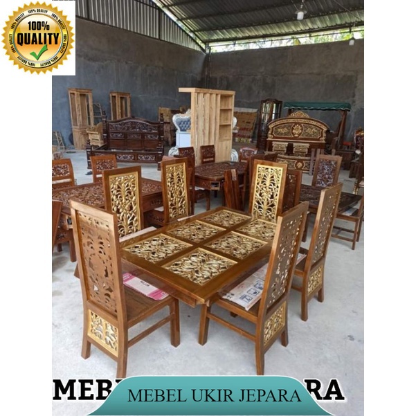 meja makan 6 kursi ukir byur warna kombinasi emas kayu jati furniture jepara