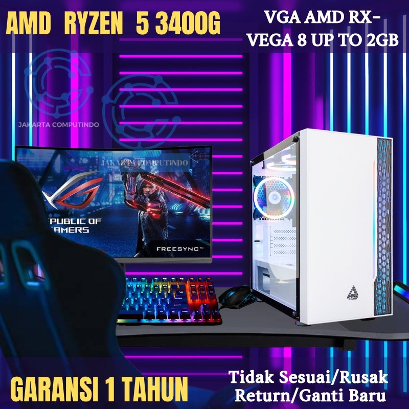 pc gaming editing fullset monitor 19 inch siap pakai ryzen 5 3400g ssd 120gb vga amd rx vega pc kant