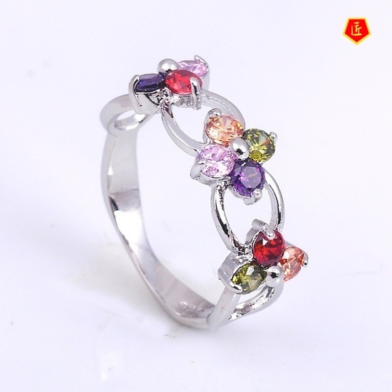 [Ready Stock]Fashion Inlaid Multi-Color Gemstone Flower Ring