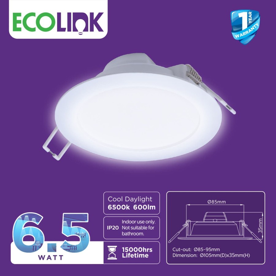 PROMO Lampu Downlight LED Ecolink 6.5w 6,5W DN020B Panel Light Hias Ib 3,5 inch D90 Ac 220v SNI Original  - Cool White (Putih)