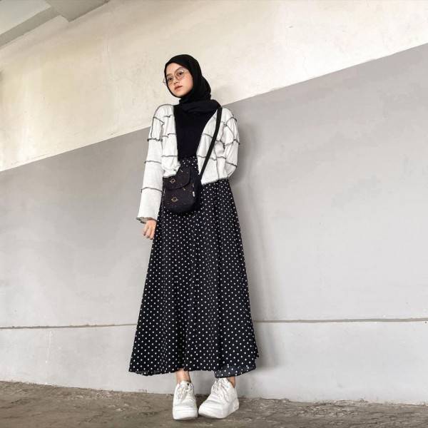 Rok midi a linea casual aneka motif berpinggang tinggi untuk wanita 865