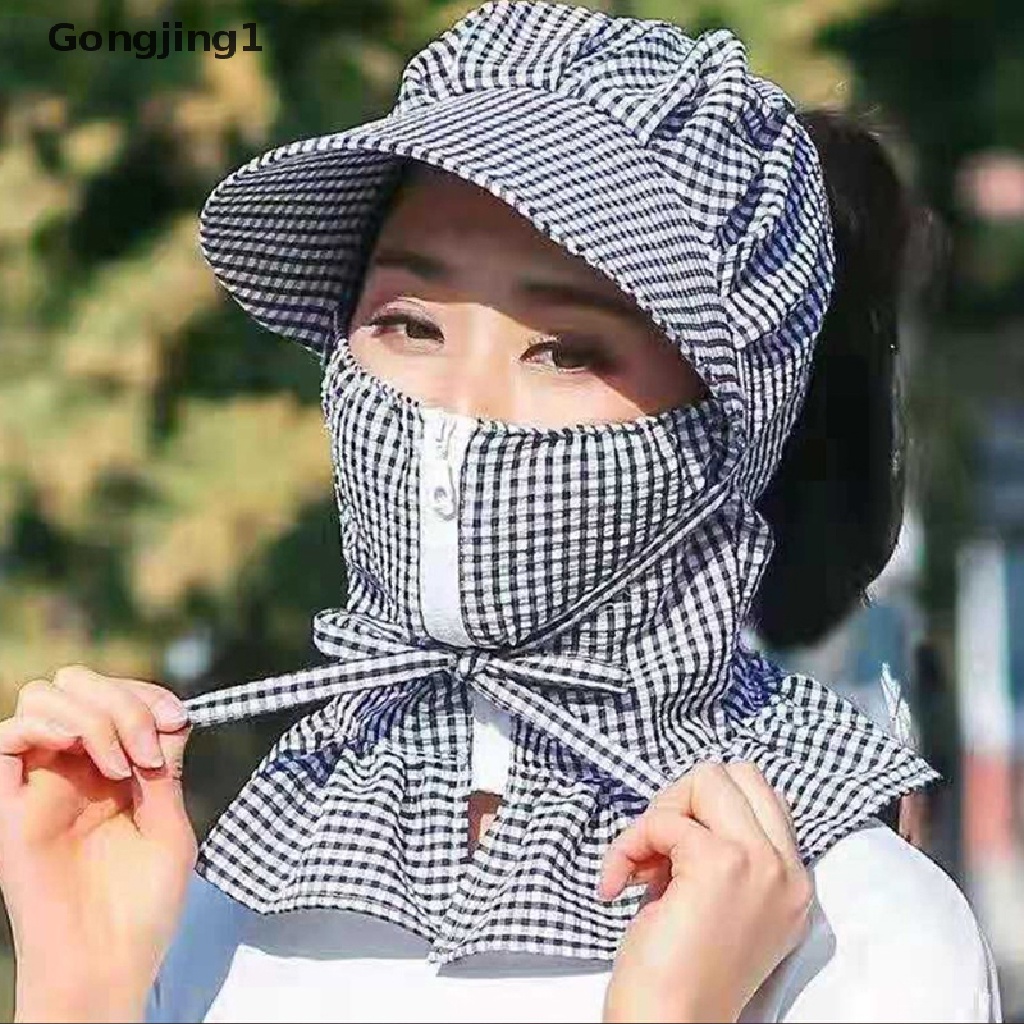 Gongjing1 Topi Matahari Wanita Dengan Cover Wajah Anti Angin / Debu Breathable Untuk Outdoor / Musim Panas